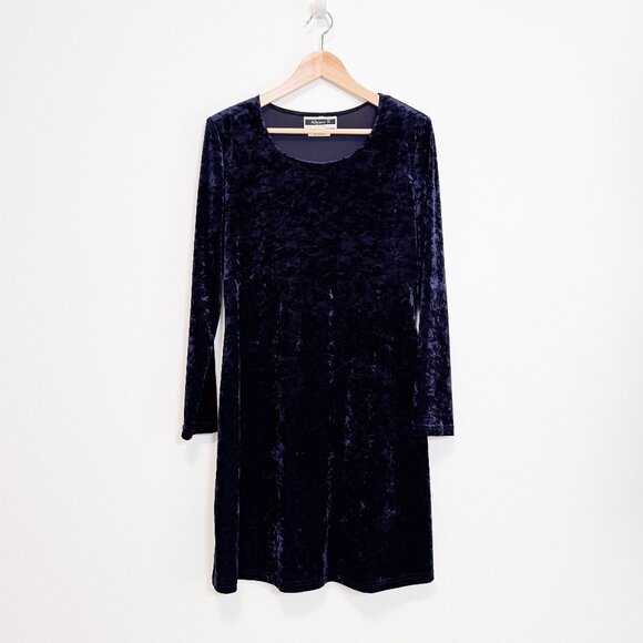 Vintage 90s Long Sleeve Dark Blue Crushed Velvet Empire Waist Dress Size 8 - Picture 6 of 14